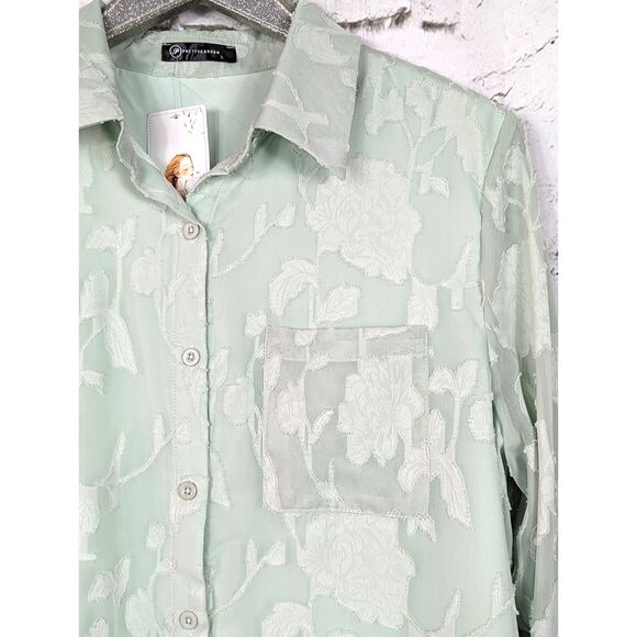 PRETTY GARDEN Boho Artsy Cottage Jacquard Floral Shirt Green Feminine Large NWT - Picture 3 of 8